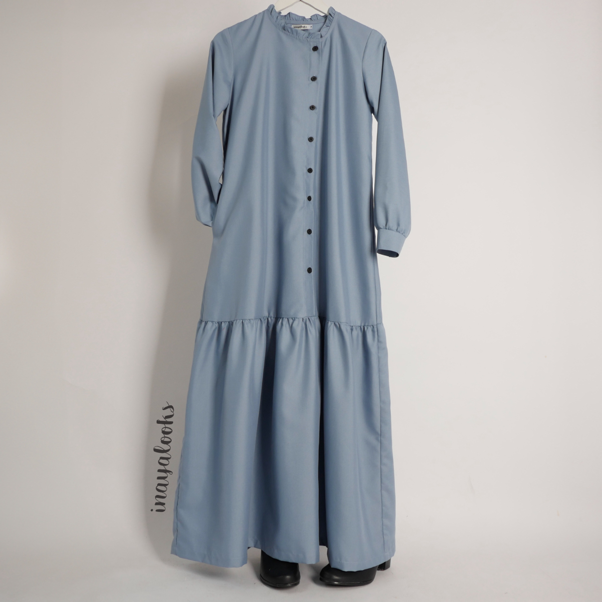 aa Gamis Katun Polos Kerut Bawah Biru Denim